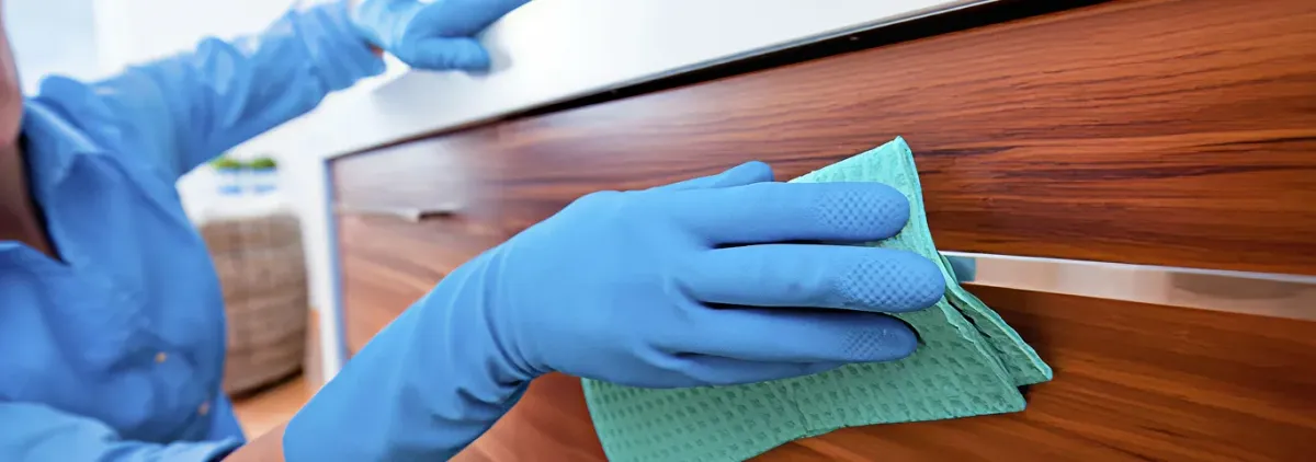 Cleaner wearing blue gloves wiping a wooden cabinet drawer with a microfiber cloth for dust and grime removal, Staten Island, NY.