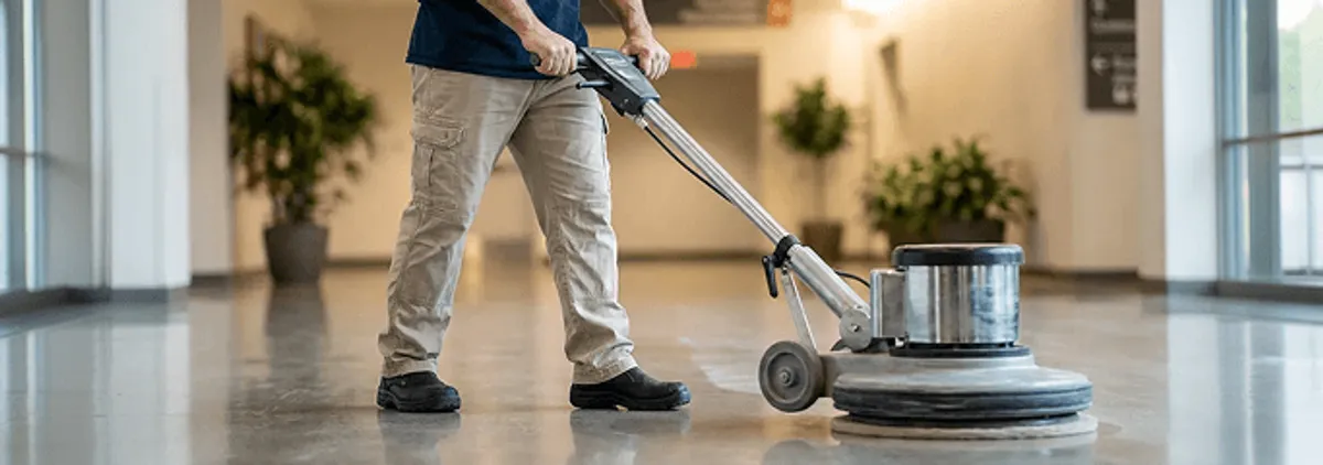 Professional technician using an industrial floor buffer to polish and maintain shiny commercial flooring in a corporate hallway in Staten Island, NY.