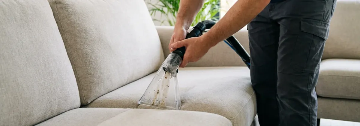 Technician extracting dirt and moisture from a fabric sofa with an upholstery cleaning wand, Staten Island, NY.